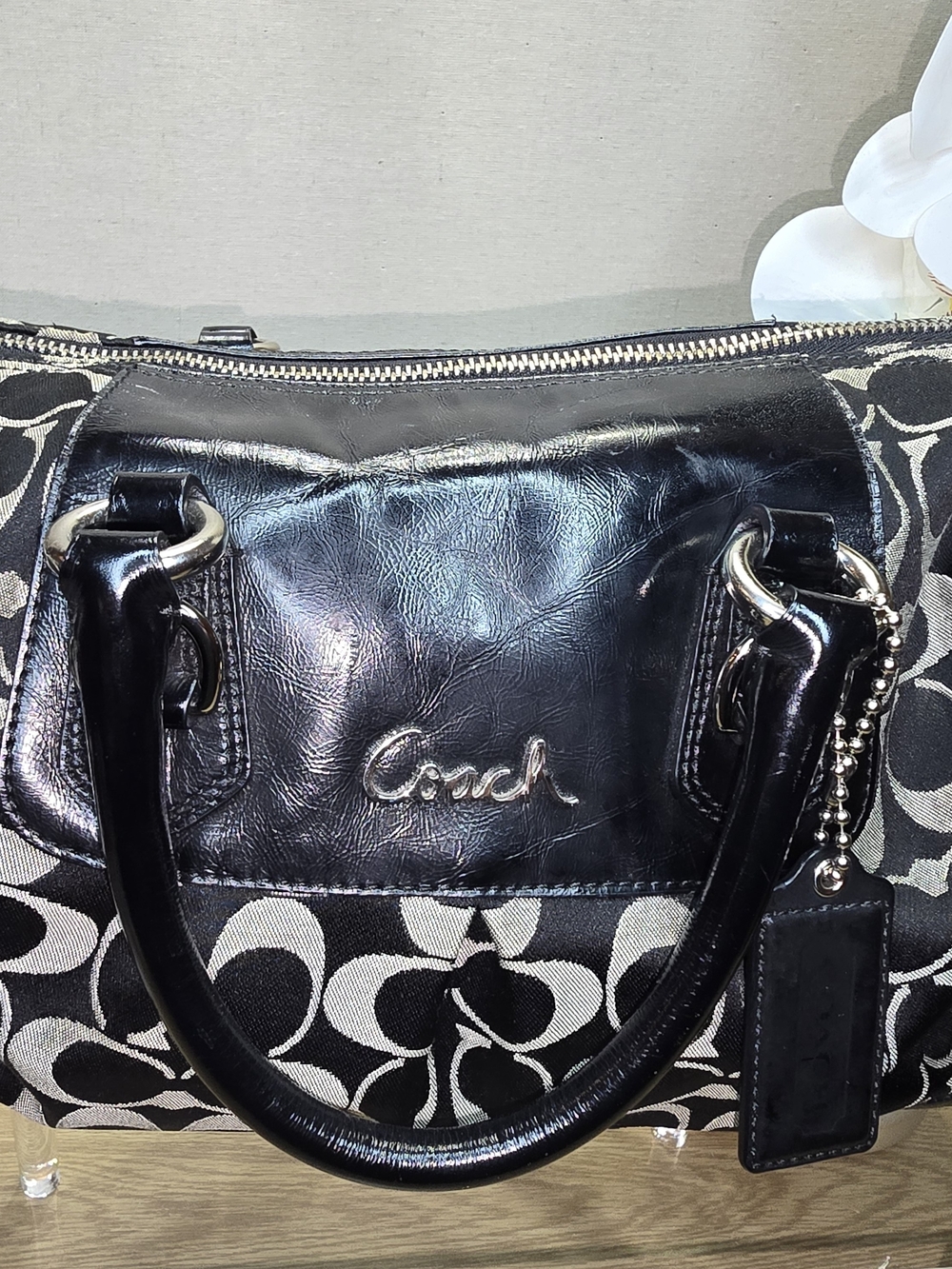 Coach Black Signature Canvas Shoulder Bag with Leather Trim
